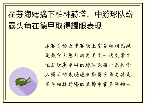 霍芬海姆擒下柏林赫塔，中游球队崭露头角在德甲取得耀眼表现