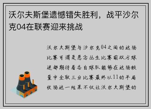 沃尔夫斯堡遗憾错失胜利，战平沙尔克04在联赛迎来挑战