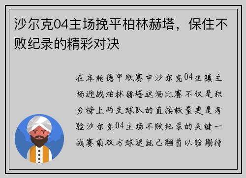 沙尔克04主场挽平柏林赫塔，保住不败纪录的精彩对决