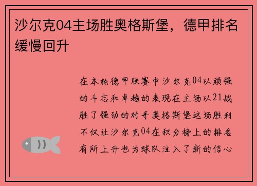 沙尔克04主场胜奥格斯堡，德甲排名缓慢回升